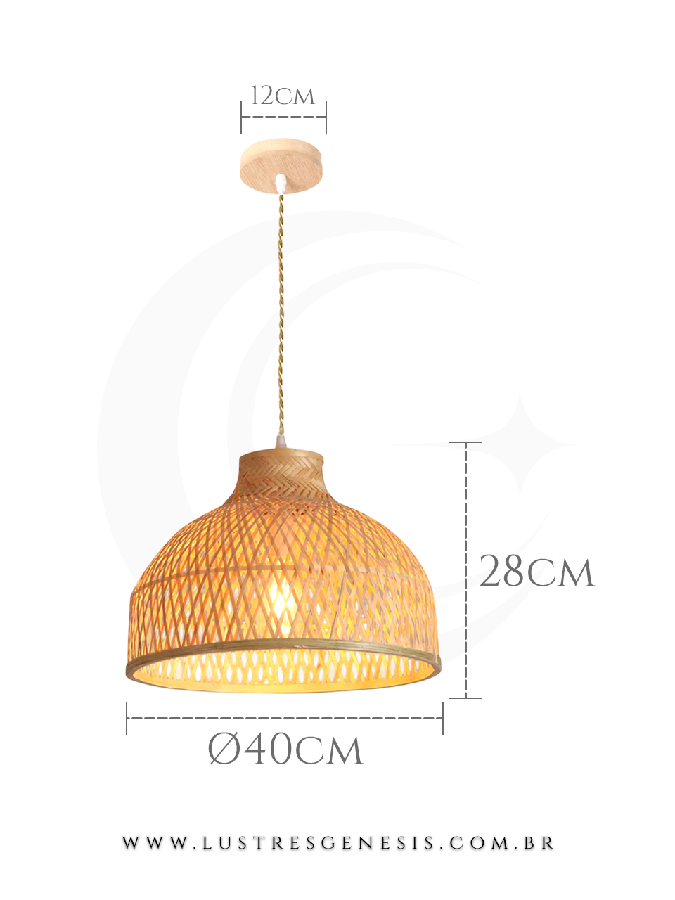 Pendente de fibra de bambu Jacarta de 40cm, design artesanal, ideal para mesas, balcão de cozinha, área gourmet e sítios
